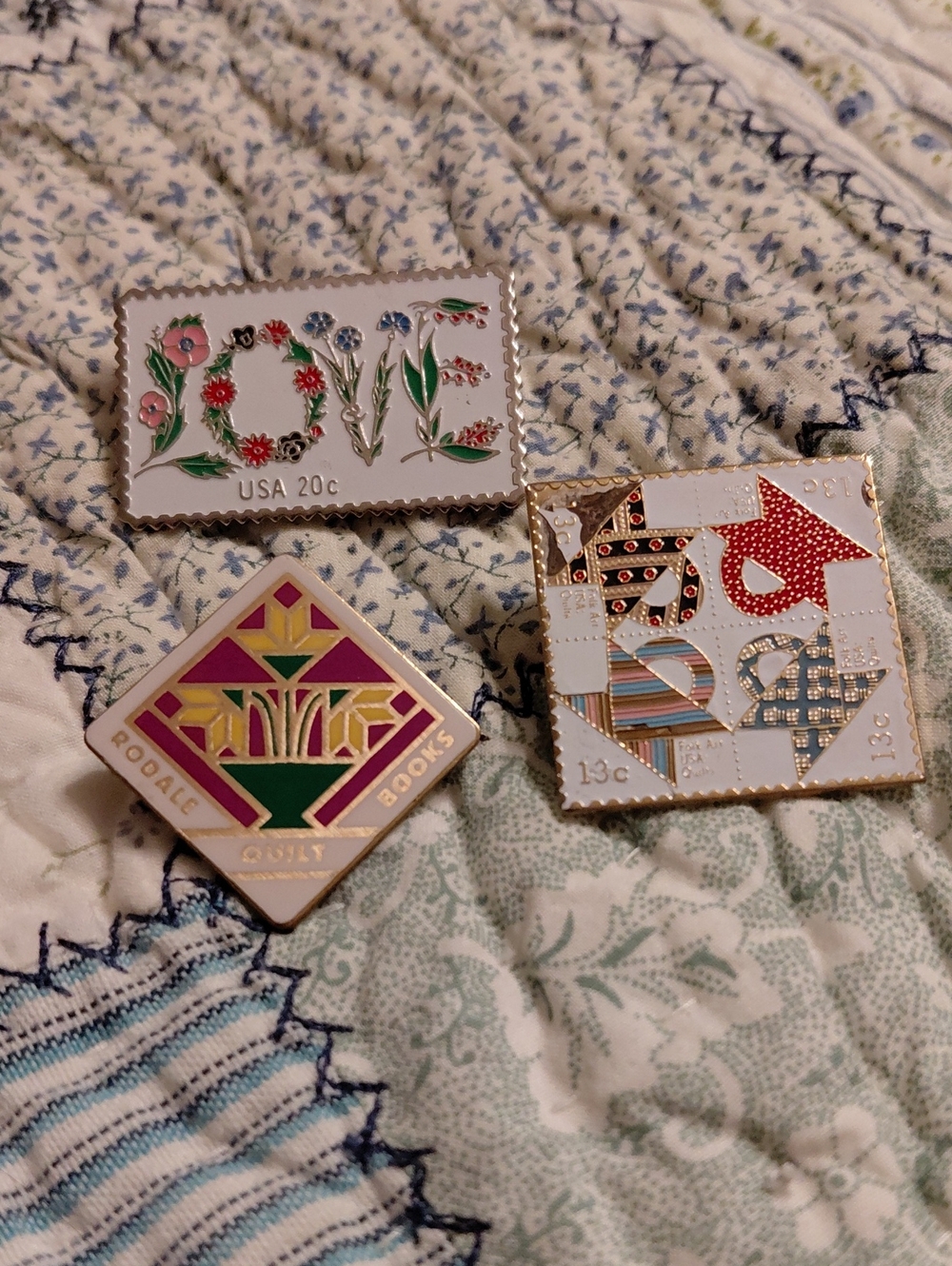 Set Of 3 Postage Stamp Quilt Pins